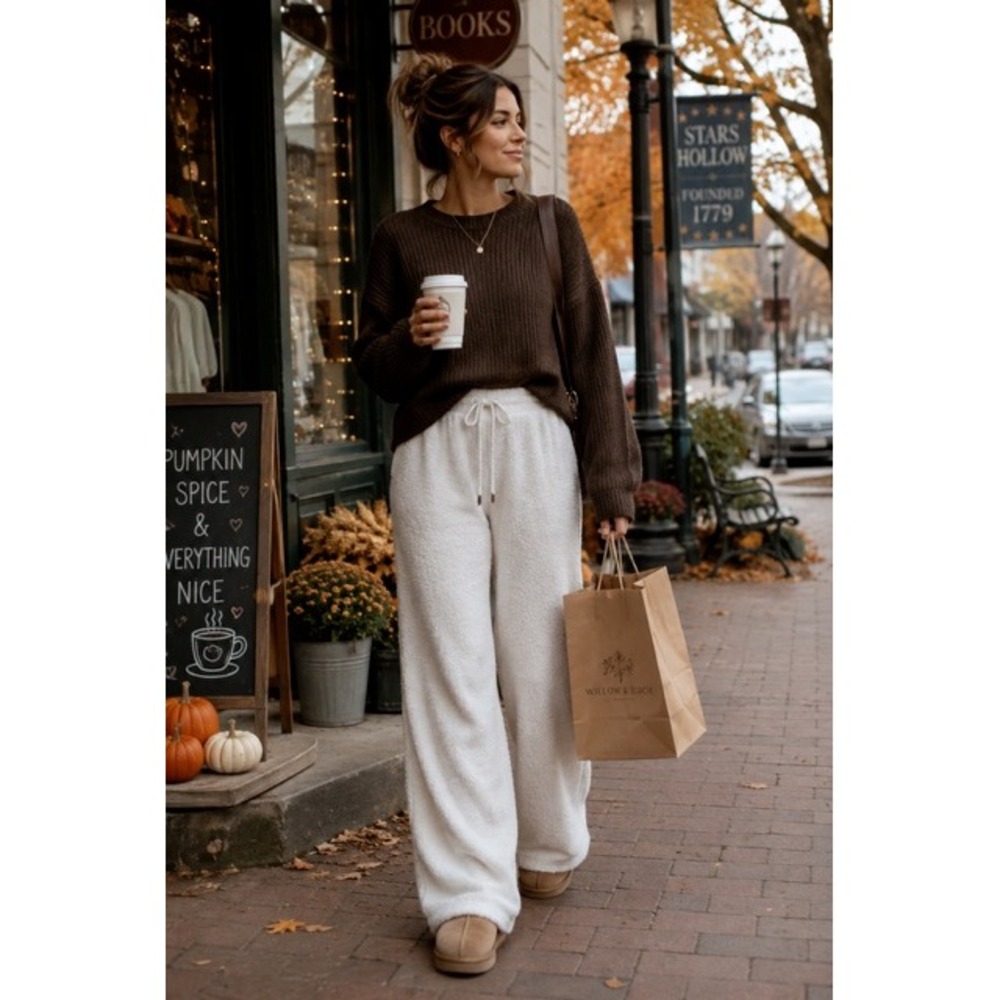 Cupcakes and Cashmere White Fuzzy Cozy Plush Knit Wide Leg Lounge Pants Small